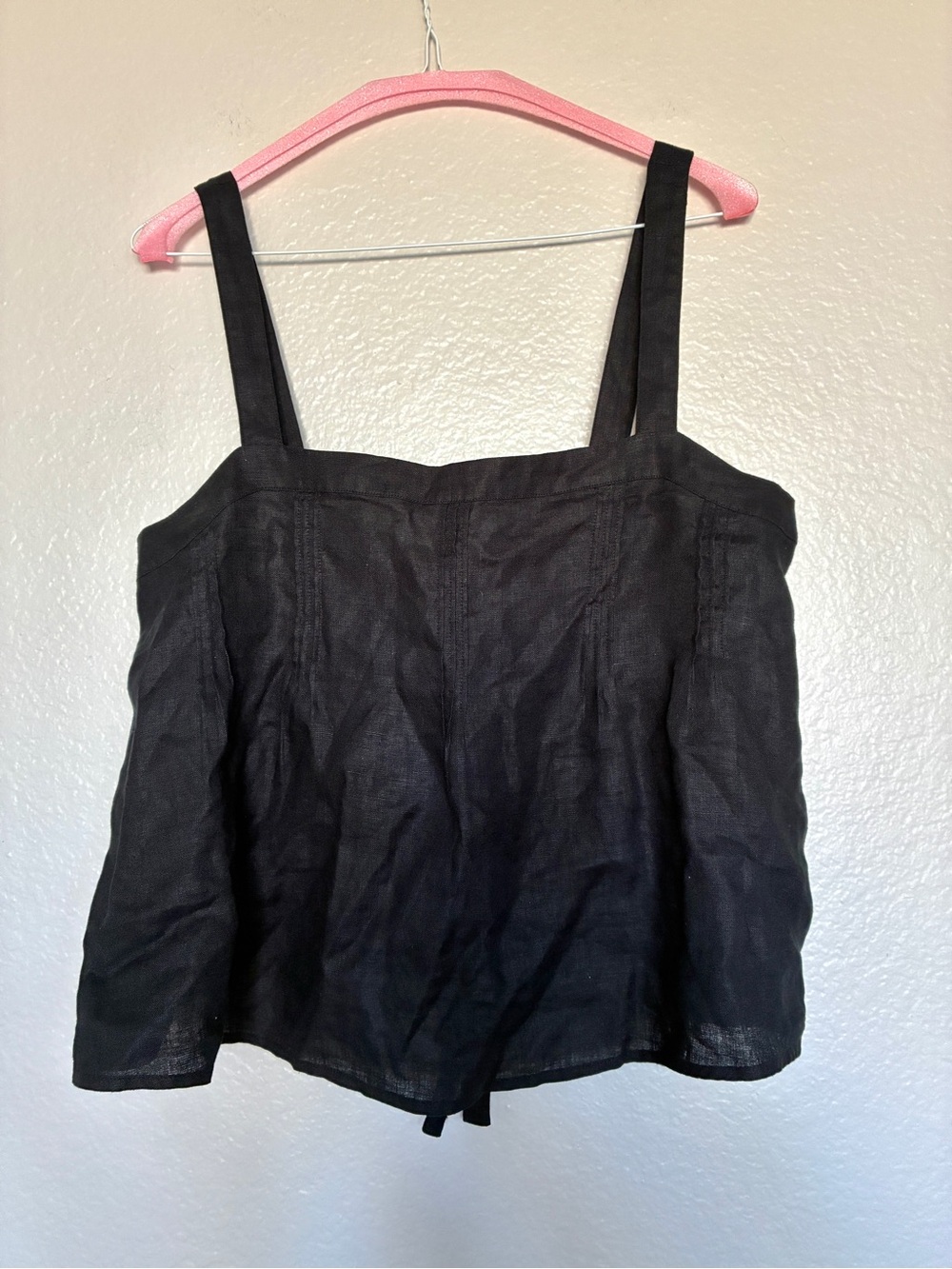 J.CREW Size M Medium Black 100% Linen Pin-tuck Tie Back Square-Neck Tank Top Y2K